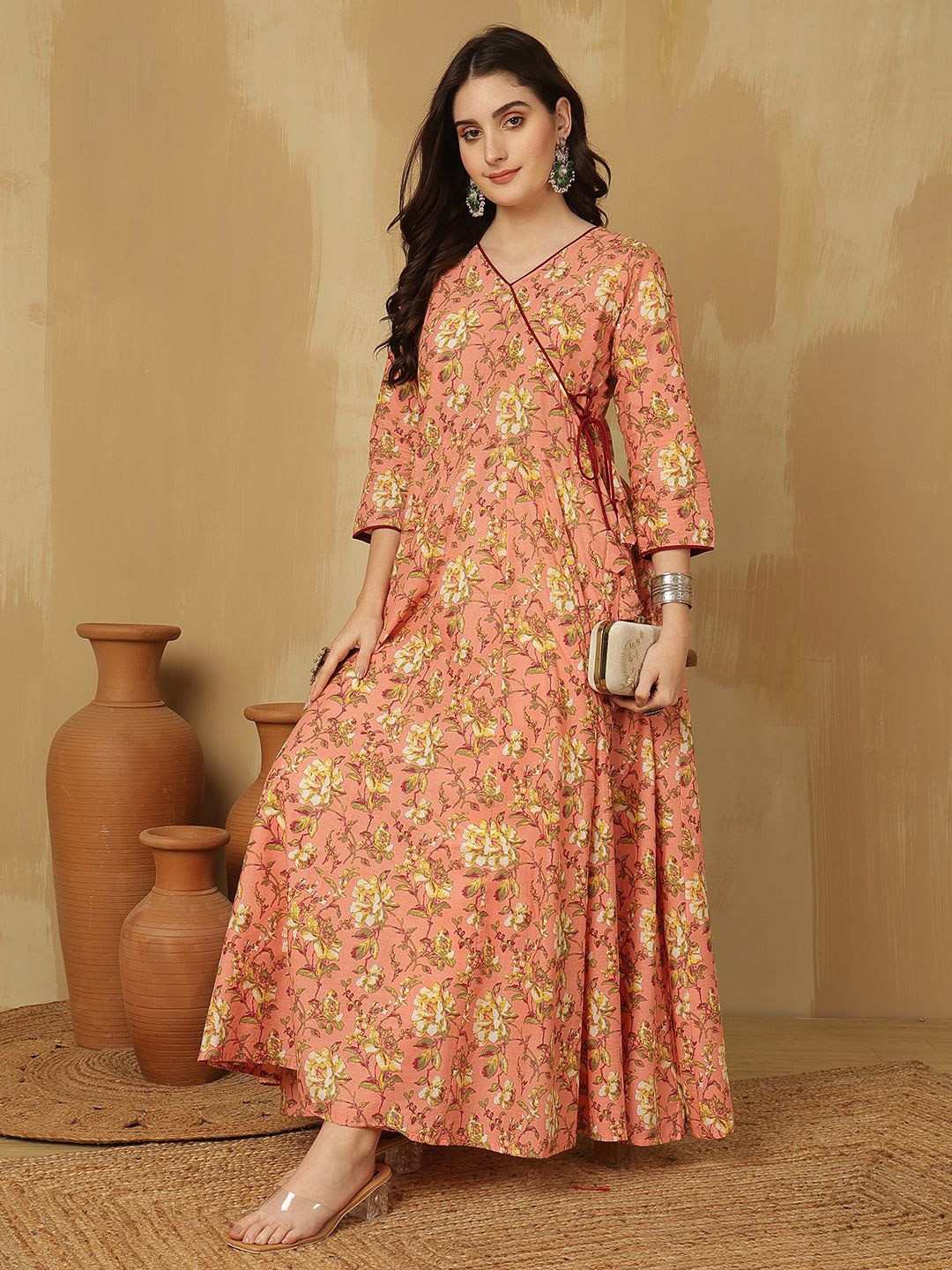 GLAM ROOTS Women Floral Printed Screen Print Festive Cotton Anarkali Kurta