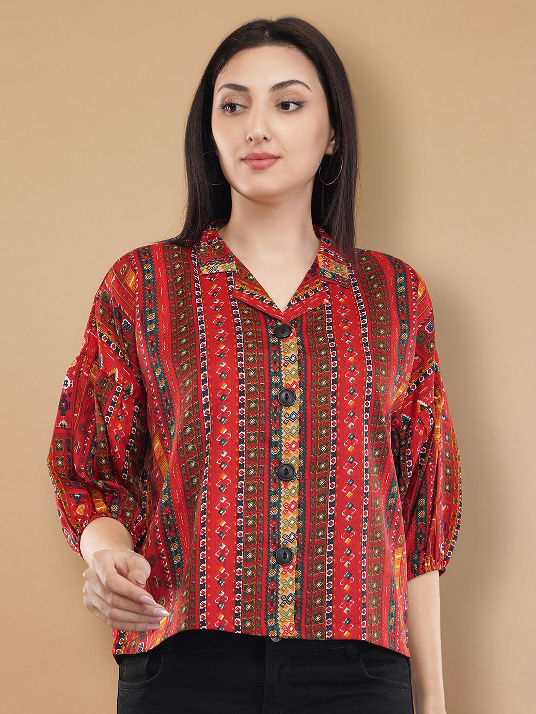 Glitter fashion Boxy Printed Spread Collar Puff Sleeves Crepe Shirt