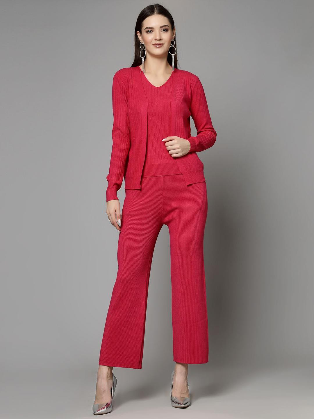 Mafadeny Women's 3-Piece V-Neck Co-ord Set with Inner Cami & Wide-Leg Pants