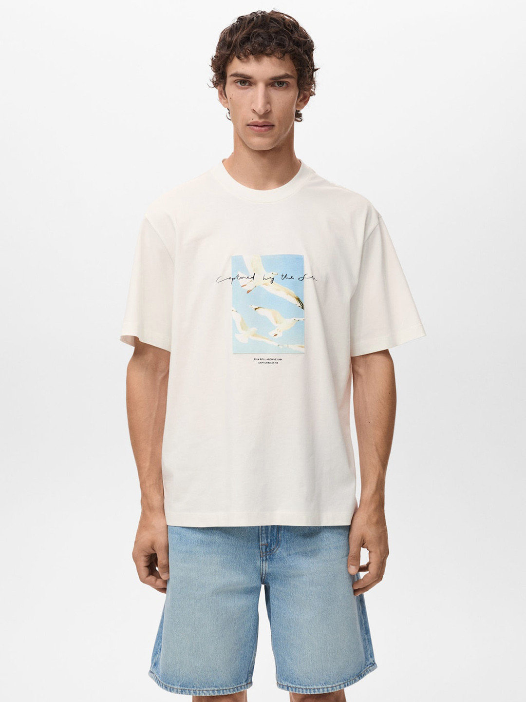 MANGO MAN Printed Patch Drop-Shoulder Sleeves Relaxed T-shirt