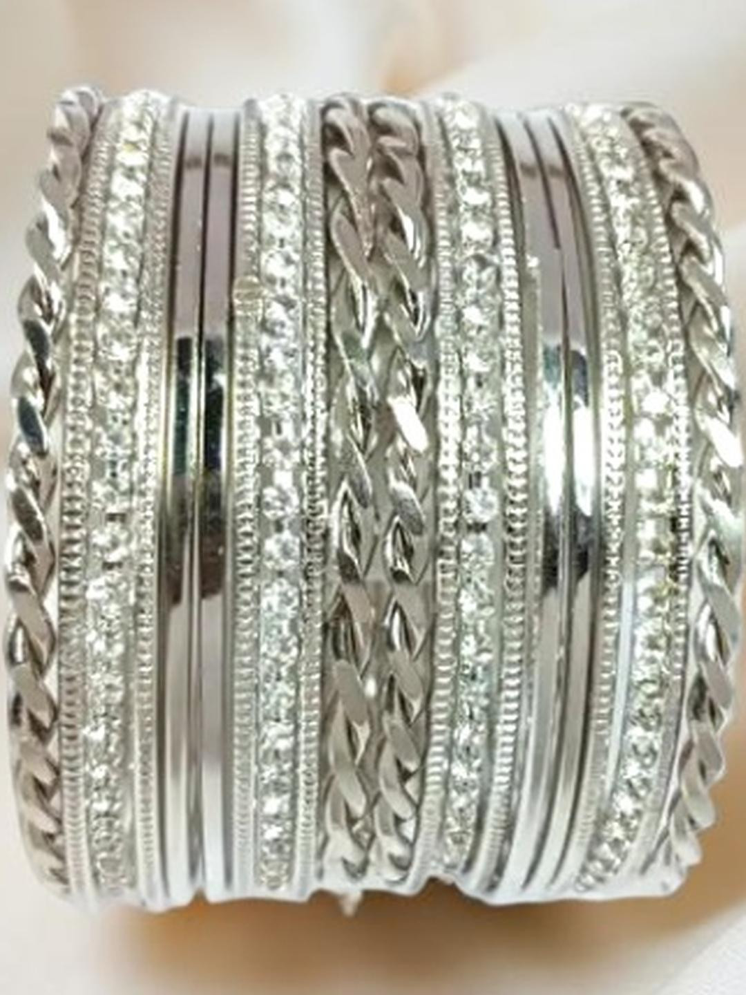 NAVJAI Silver-Plated Rhinestone Metal Bangles