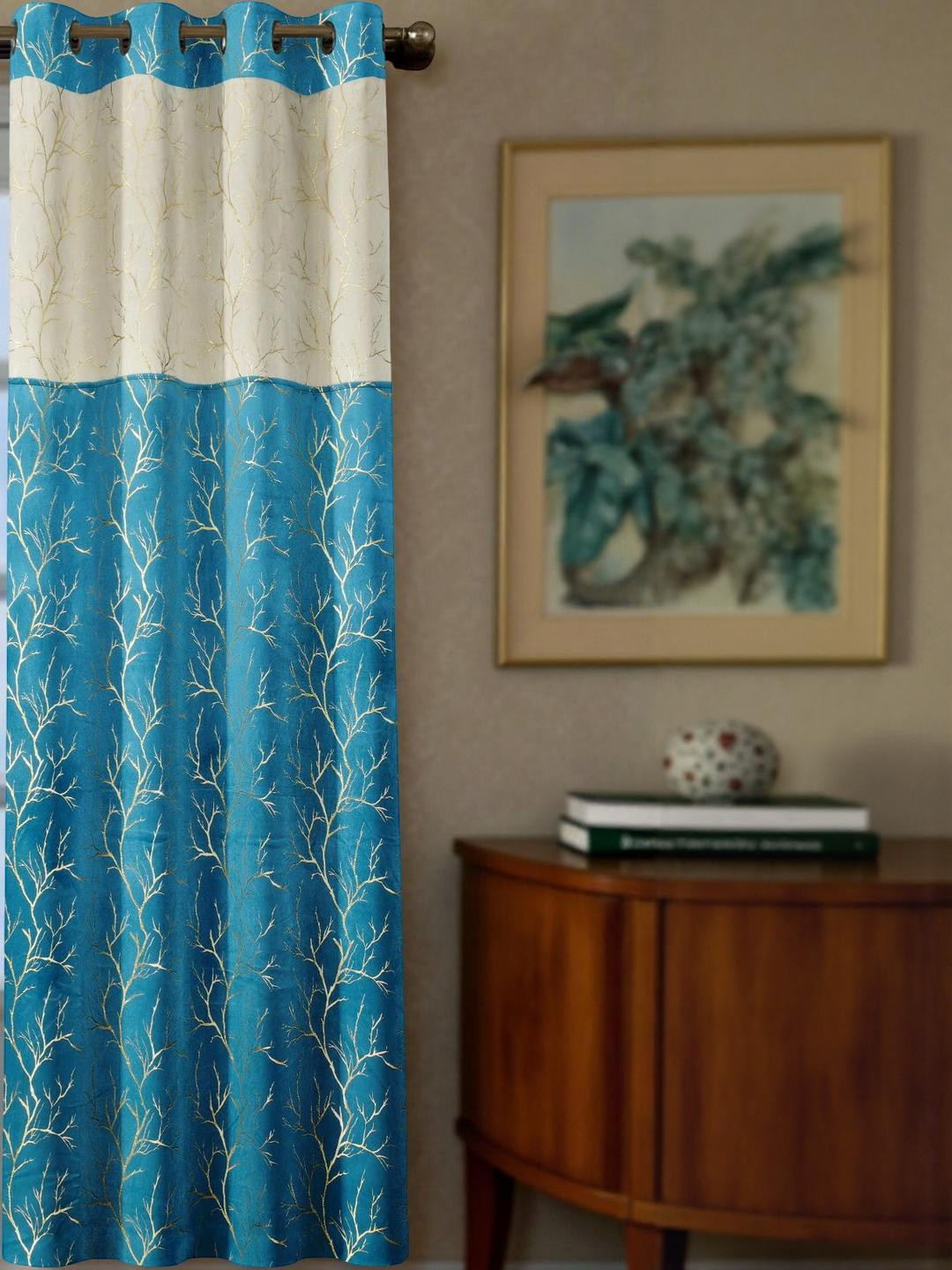 IVAZA Set Of 1 Turquoise Blue Floral Ripple Fold Door Water Resistant Curtain