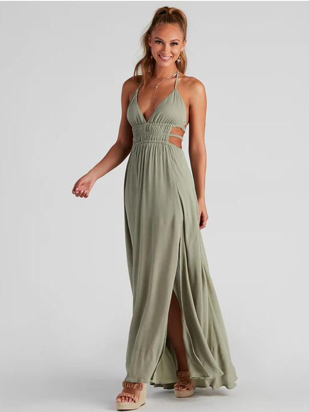 bebe Green Halter Neck Side Cutouts Thigh-High Slit Maxi Dress