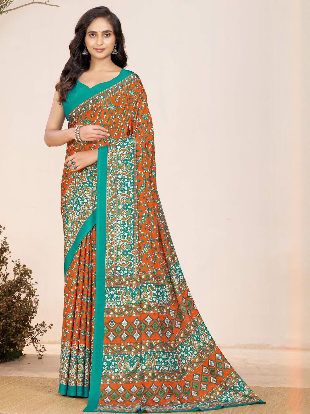 Garden Vareli Floral Printed Satin Sarees With Blouse