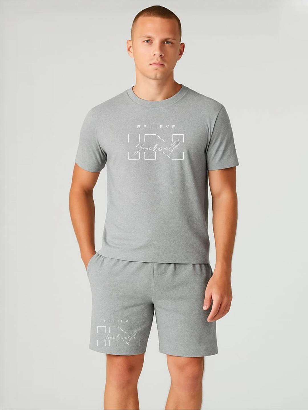 FABSTIEVE Believe In Yourself Men Printed Round Neck T-Shirt With Shorts Co-Ords