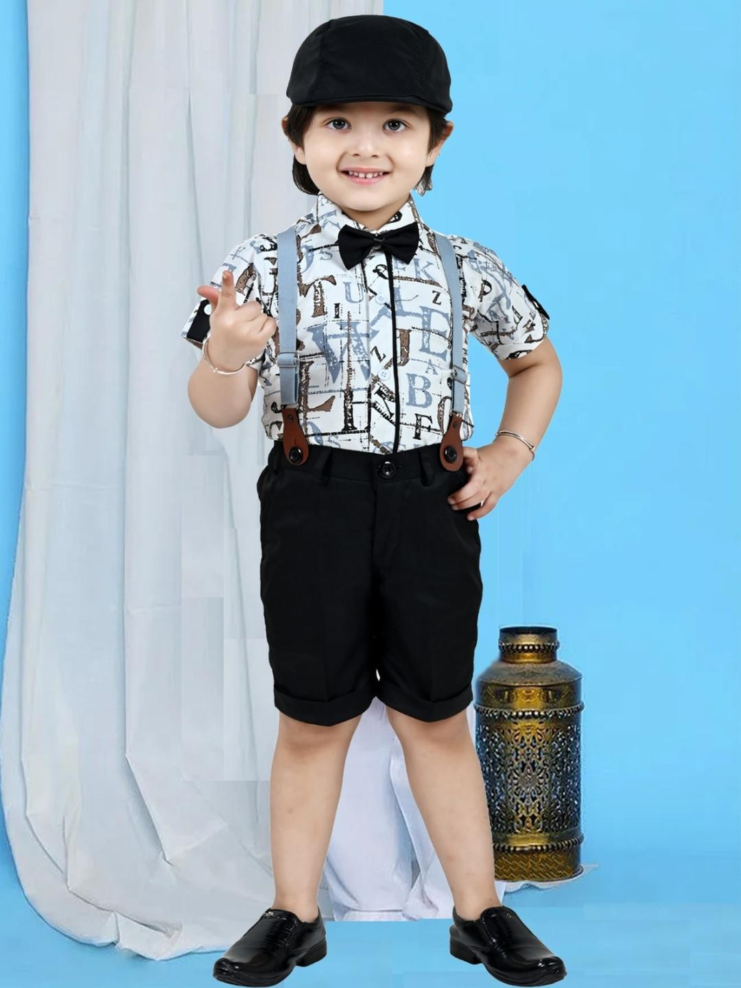 OJ TREND kids grey printed Y suspenders shirt & shorts dungaree set with bow tie and cap