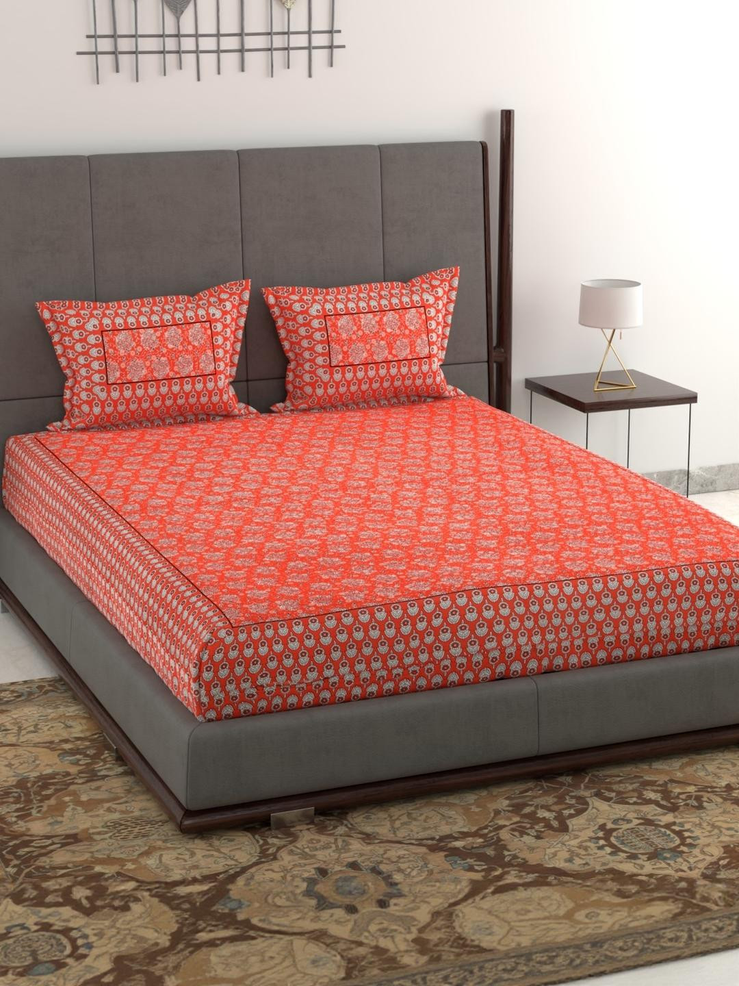 Anadhika Red Floral 220 TC King Bedsheet with 2 Pillow Covers