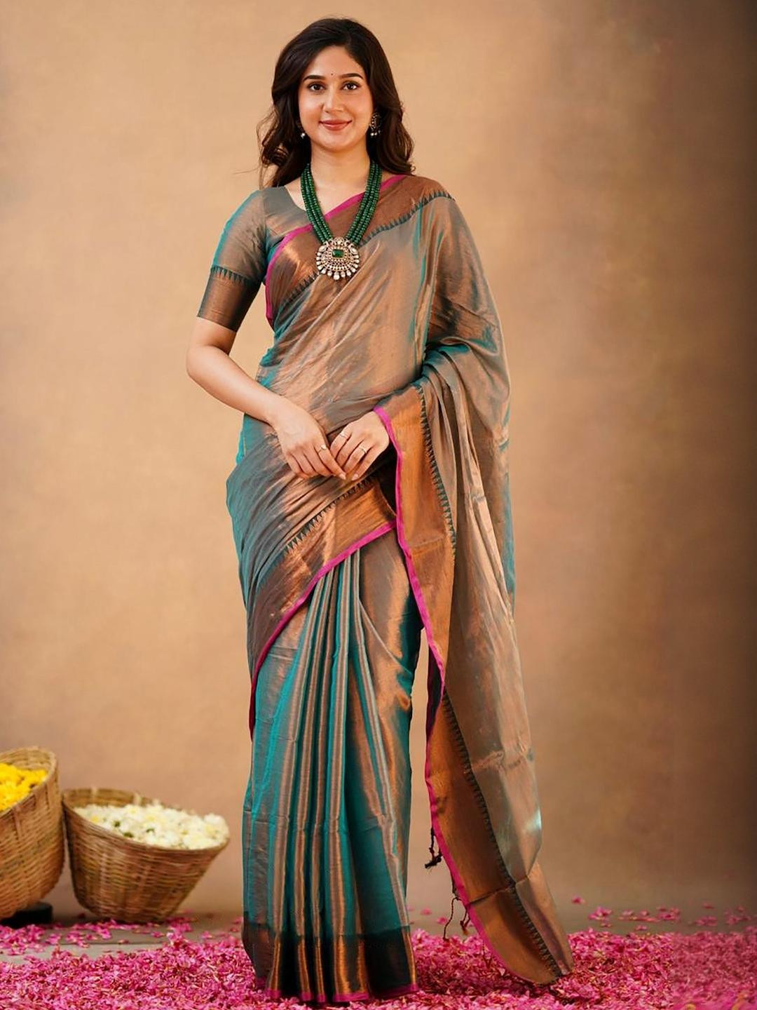 RIDDHIMAN FASHION Self Design Zari Tissue Saree