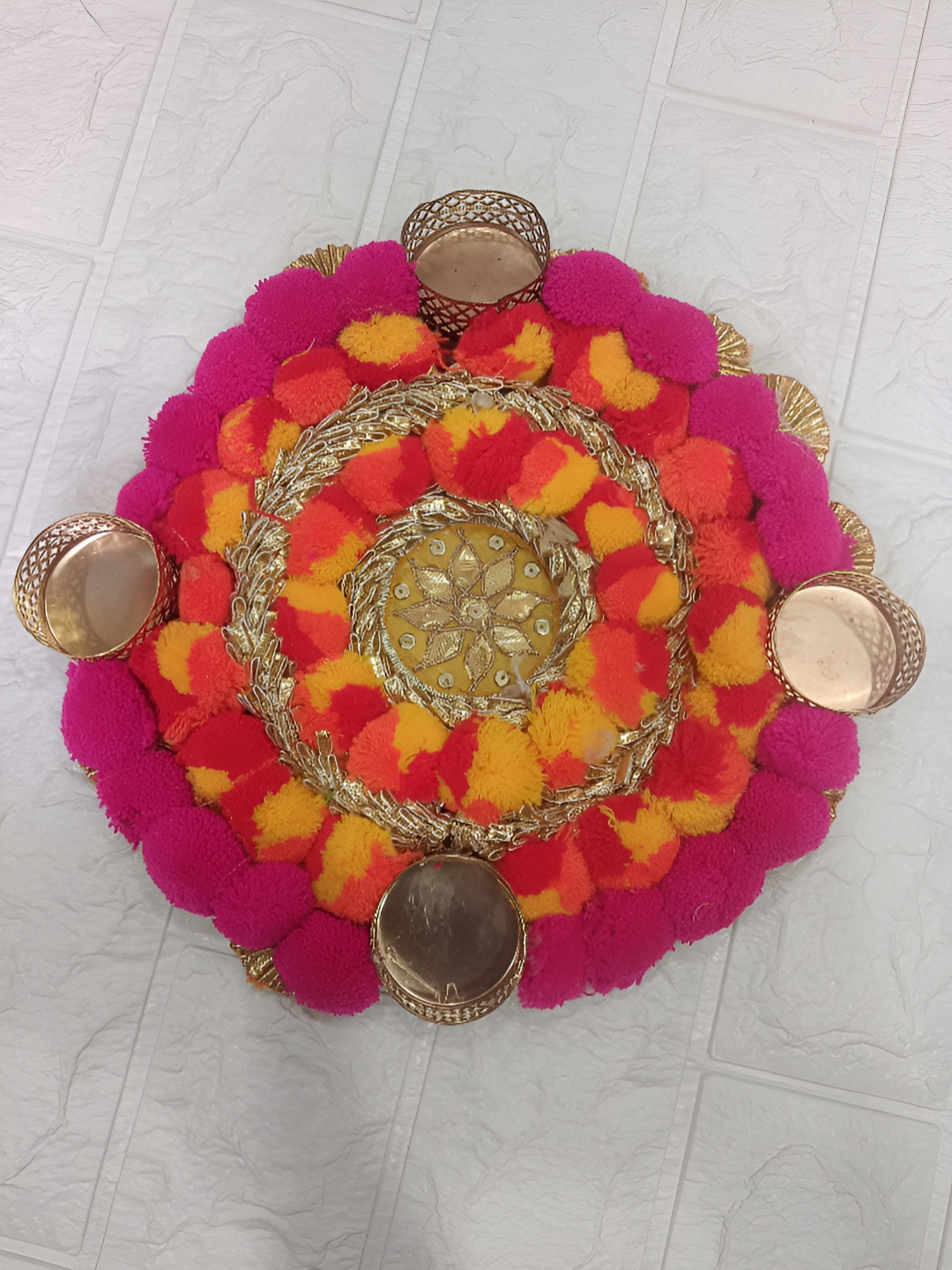 Sellplus Pink & Yellow 4 Pieces Round Pompom Rangoli Plate With Candle Holder