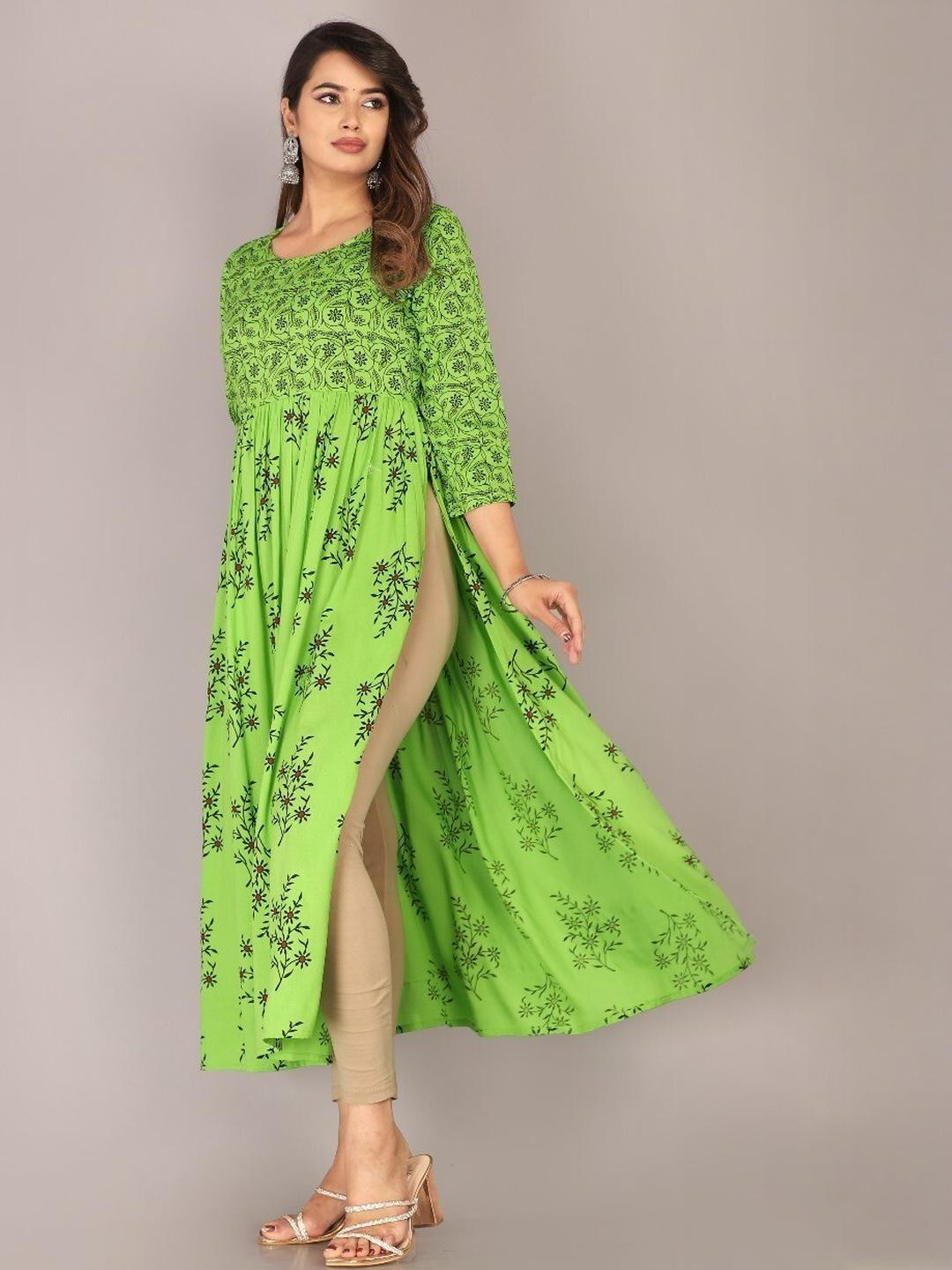 PRIYAGANI GARMENTS Women Green Viscose Rayon  Kurtis