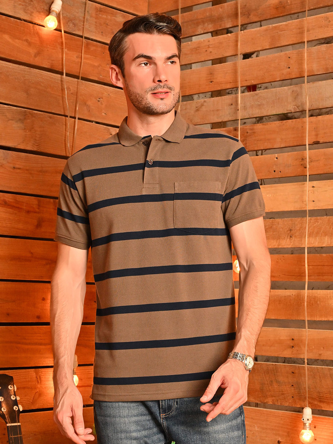 Kor Men Polo Neck Stripes Pocket Short Sleeves T-shirt