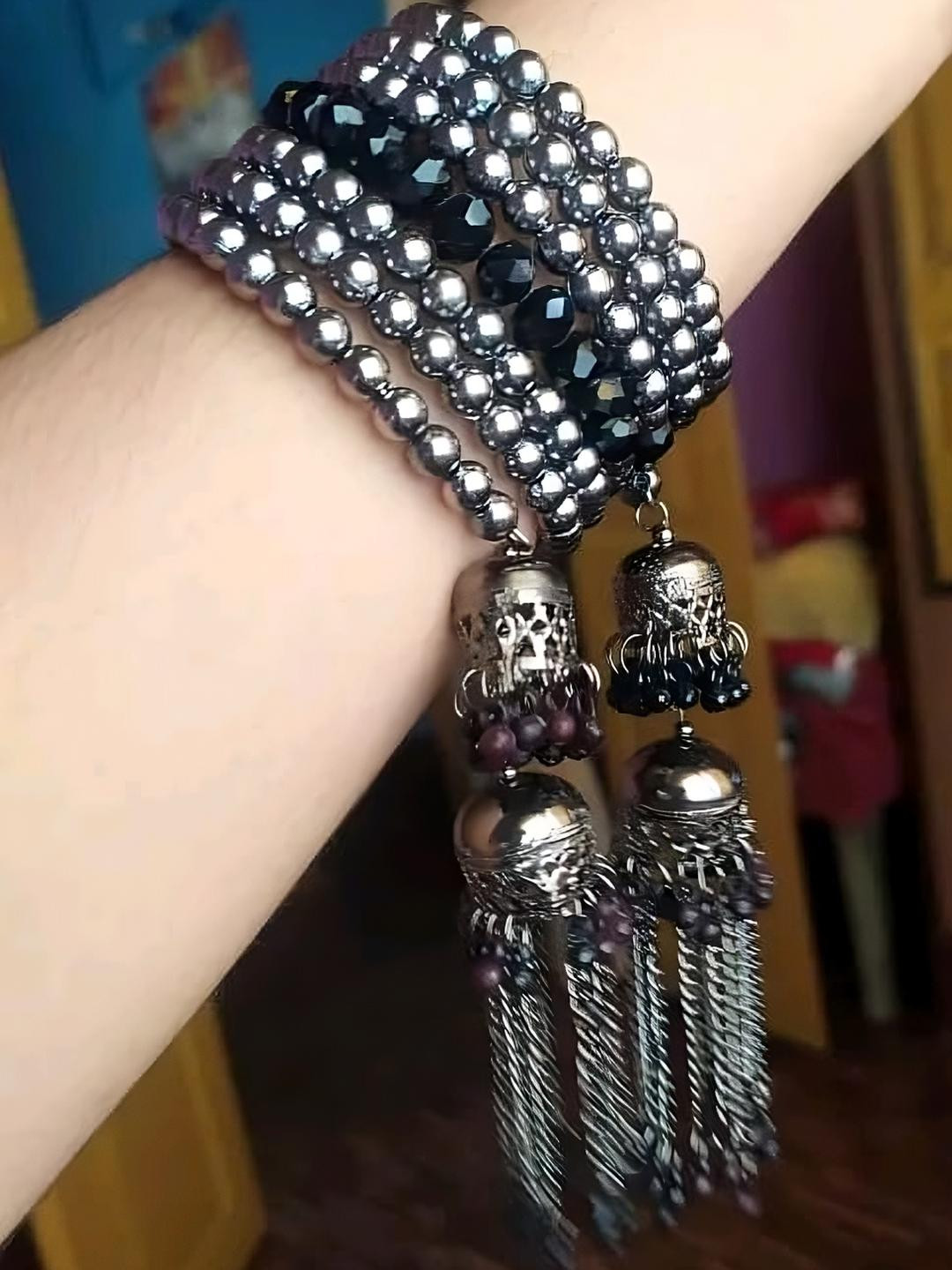 Grace Collections Women Black Metal Artificial Beads Bracelet