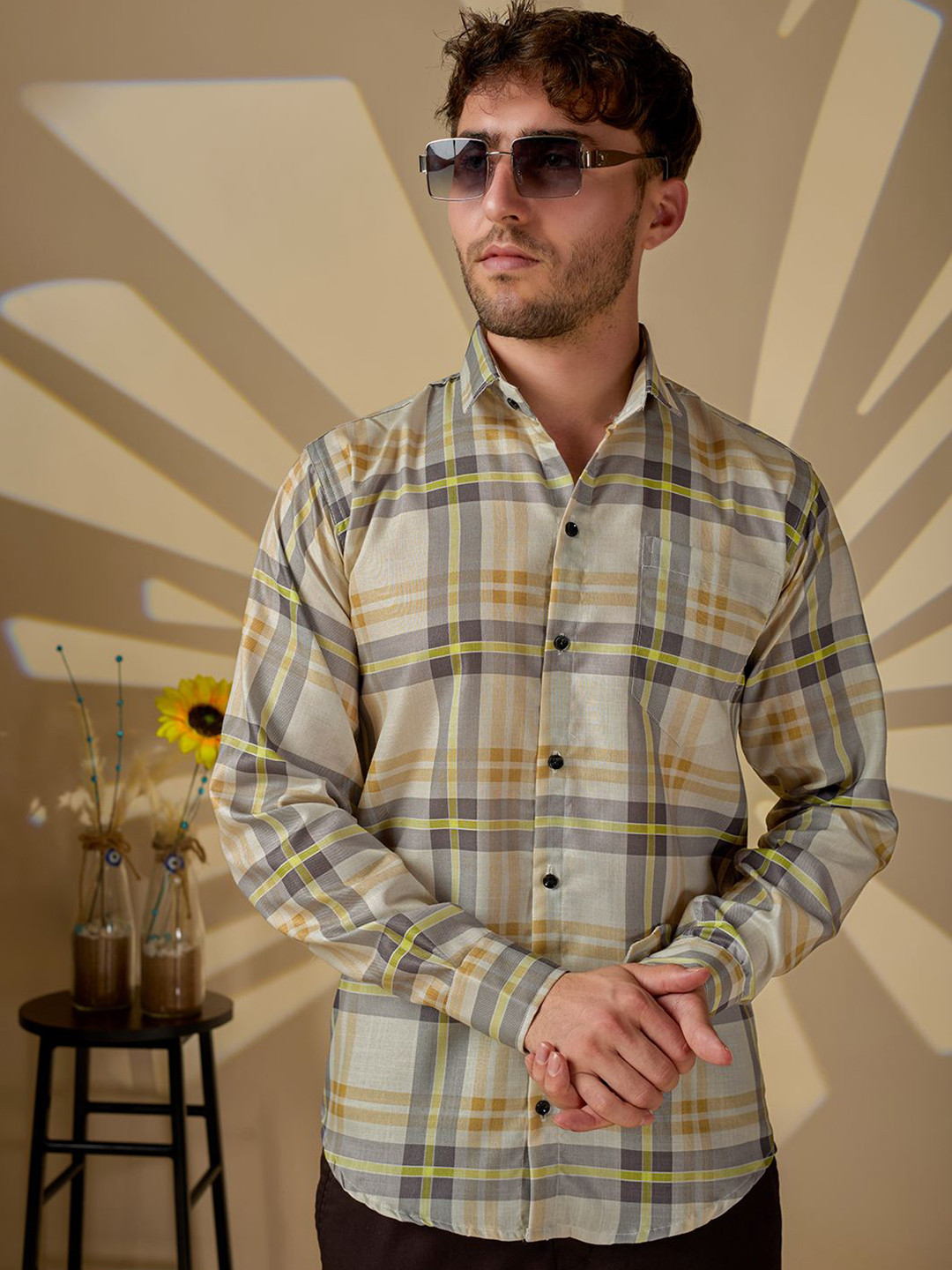REFINEDLOOK Classic Spread Collar Tartan Checks Checked Cotton Linen Opaque Shirt
