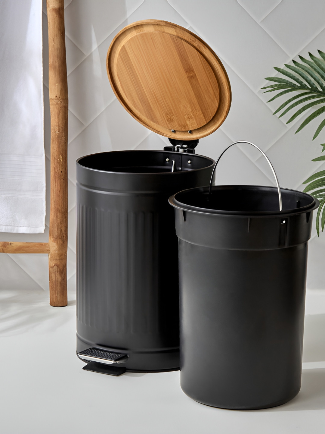 Home Centre Sedona Flute Black & Beige Pedal Waste Bin With Bamboo Lid - 12L
