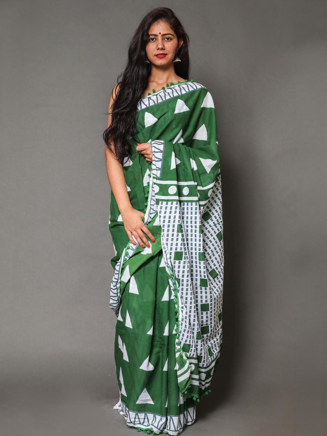 Pinkcity Trade World Green Pure Cotton Ikat Sarees