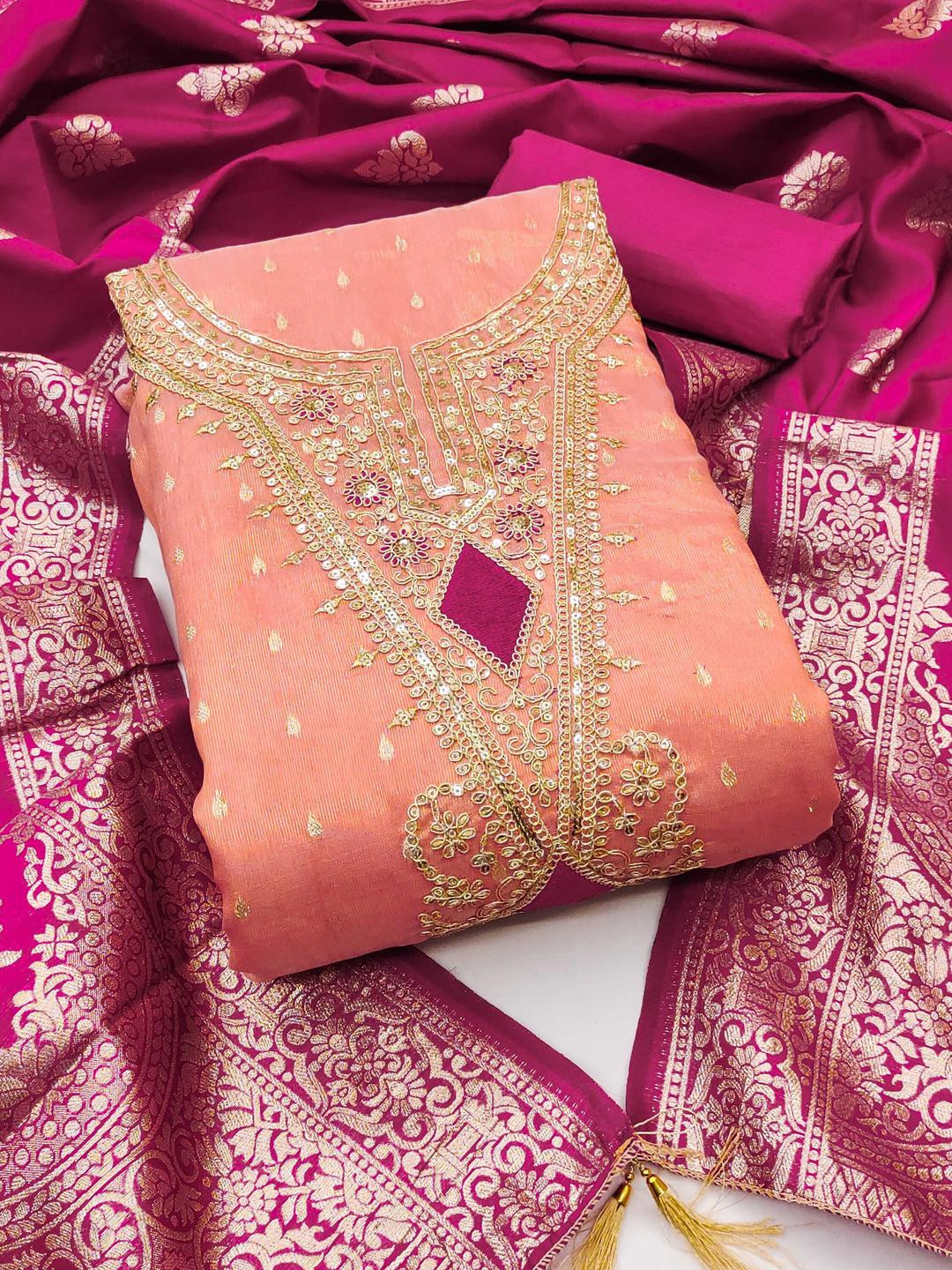 KALINI Women Peach Embellished Organza Unstitched Kurta & Pant With Dupatta Dress Material