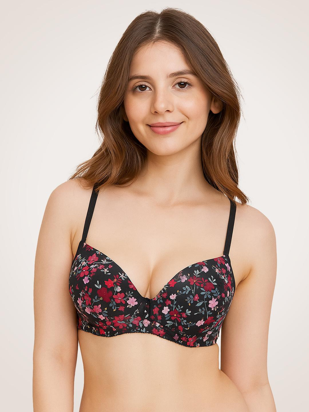 POOJA RAGENEE Women Black & Red Floral Printed Lightly Padded Everyday T-Shirt Bra