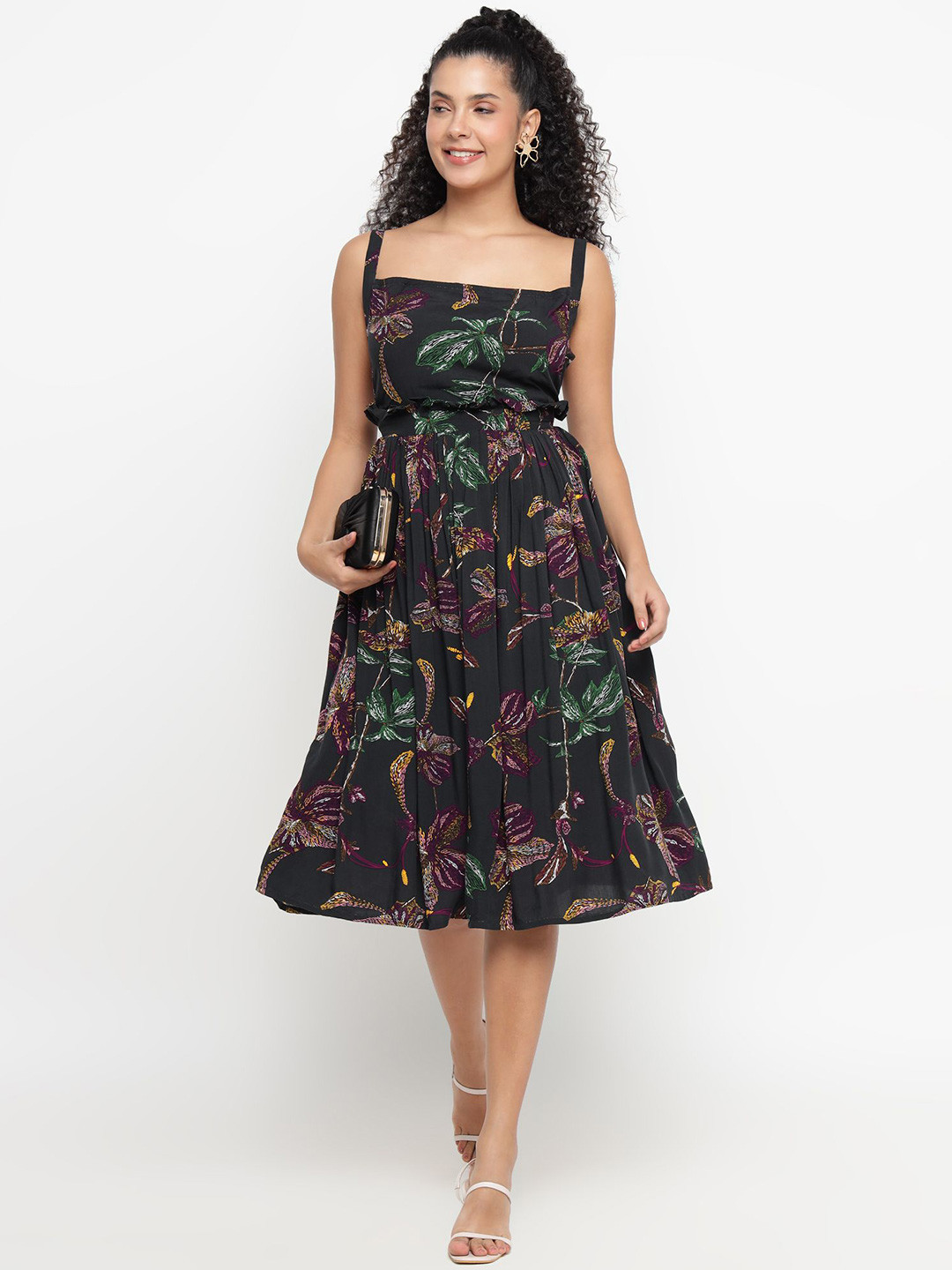 theulluu.com Tropical Twilight Printed Shoulder Straps Fit and Flare Dress