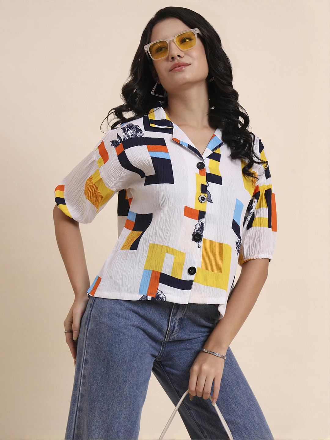 DressBerry Women Multicolor Abstract Geometric Printed Cotton Boxy Shirt