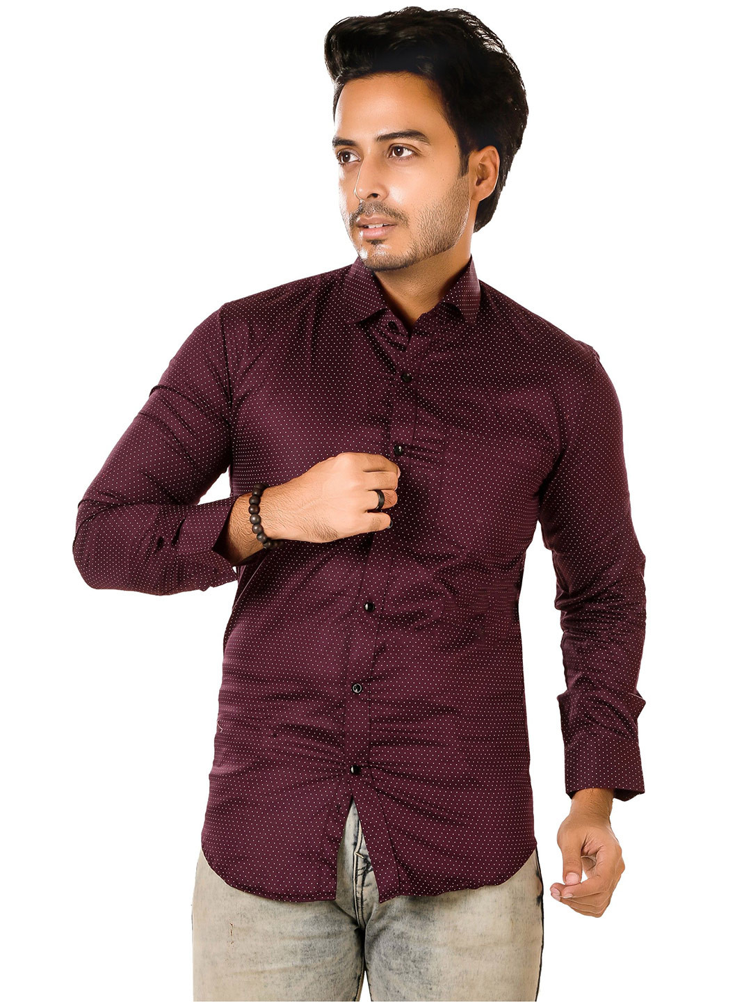 LUXURY BY LAMIS Self Design Spread Collar Cotton Slim Fit Party Shirt