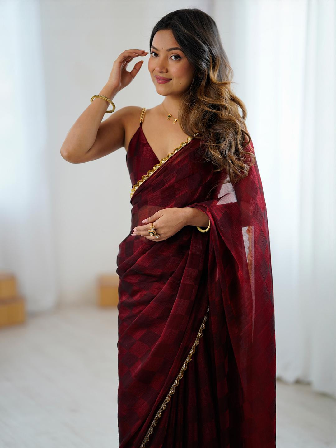 Anouk Burgundy Embellished Pure Chiffon Sarees