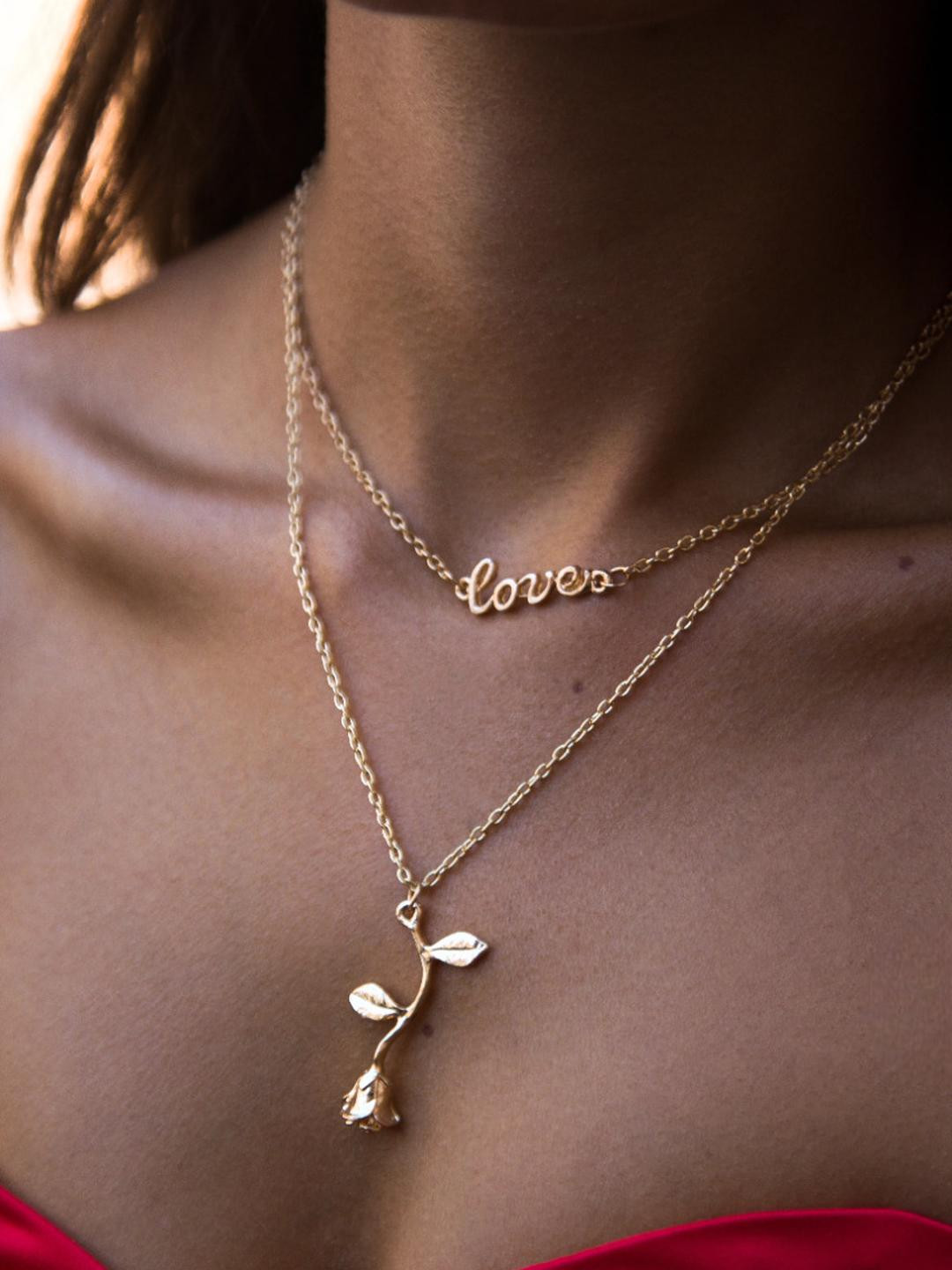 DressBerry Women Gold-Plated Double Layered Rose & Love Pendant Necklace