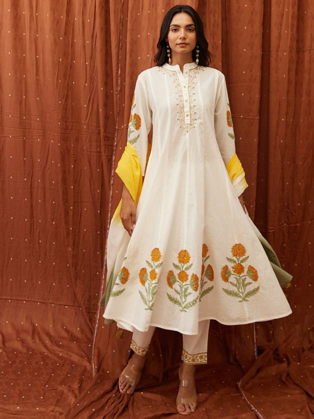 MAAND Block Print with Addawork Mandarin Collar Pure Cotton A-Line Kurta With Trousers And Dupatta