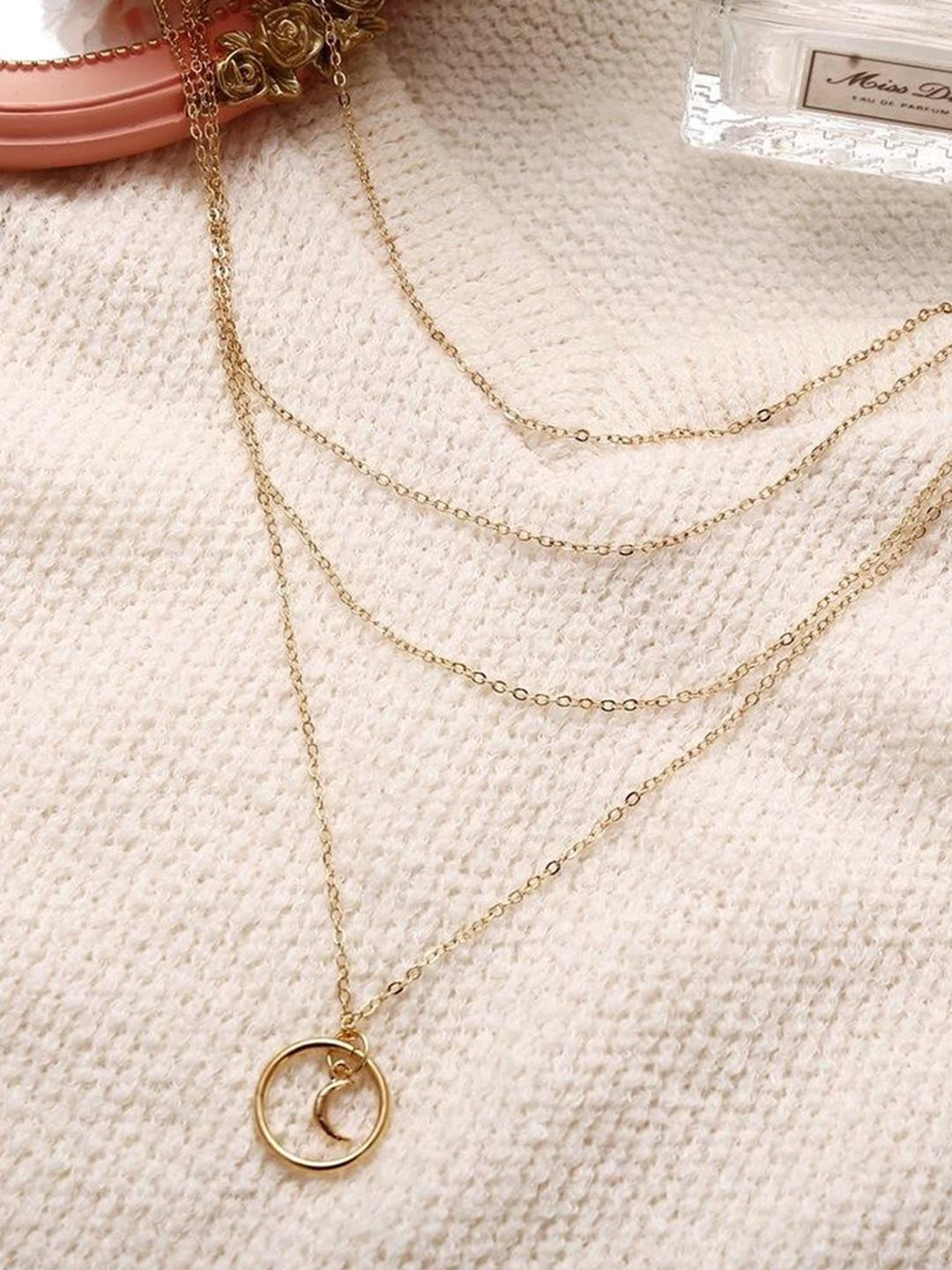 DressBerry Women Gold-Plated Multi Layered Circle with Moon Pendant Necklace