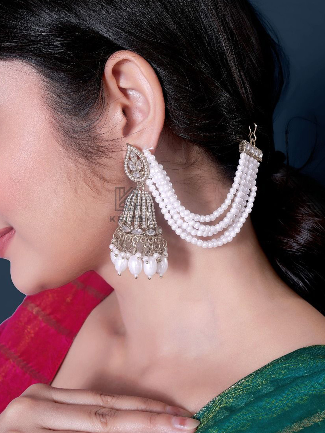 KRIXO Gold-Plated Pearls Beaded & Stones Studded Dome Shaped Jhumkas With Ear Chains