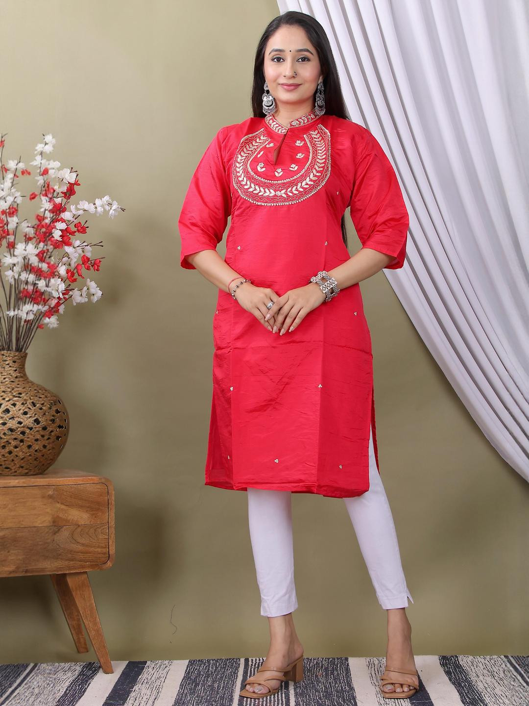 PARTH STYL FASHION Women Red Silk A-Line Kurtas