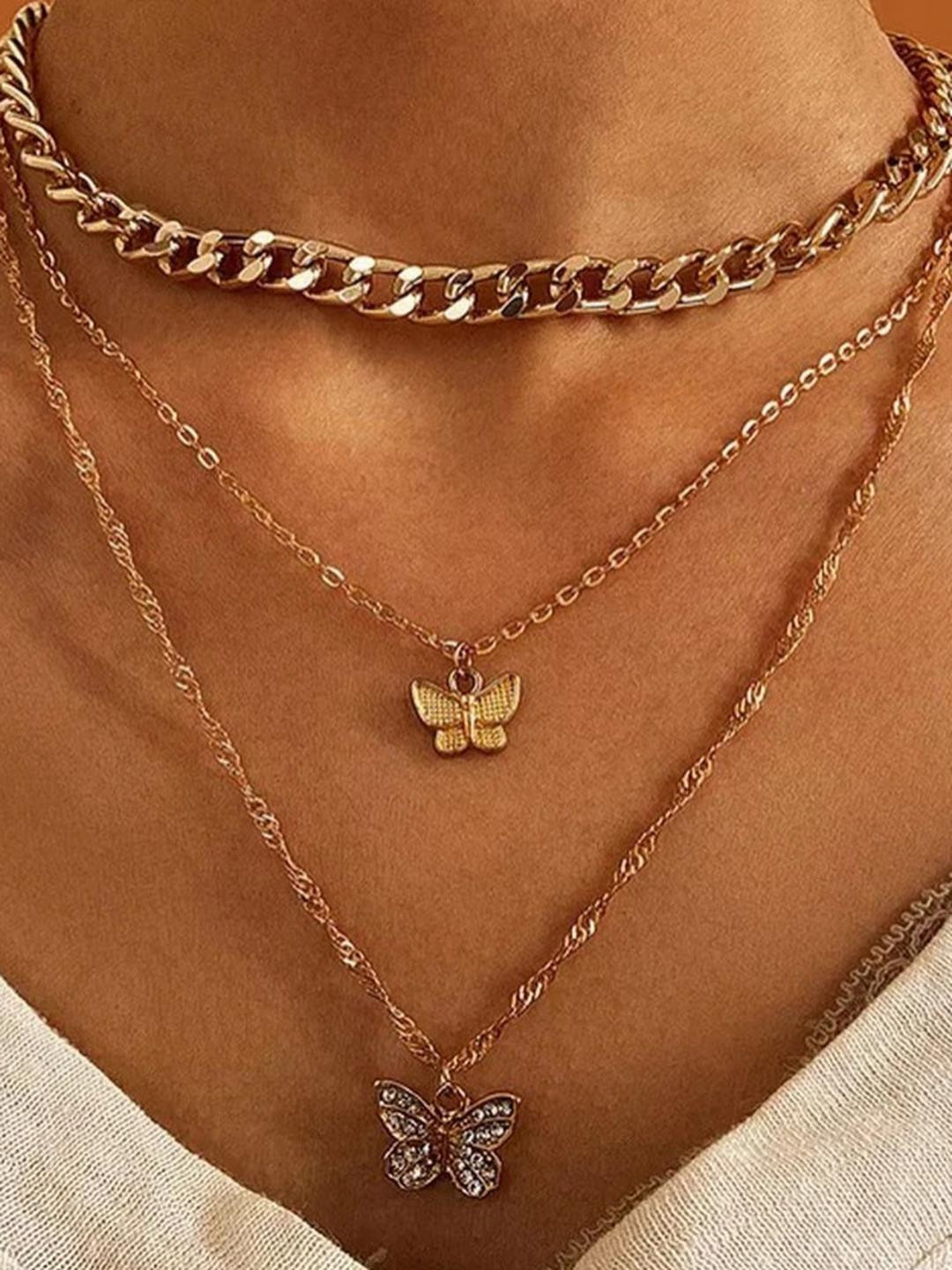 DressBerry Gorgeous Gold Plated Triple Layered butterfly Pendant Necklace