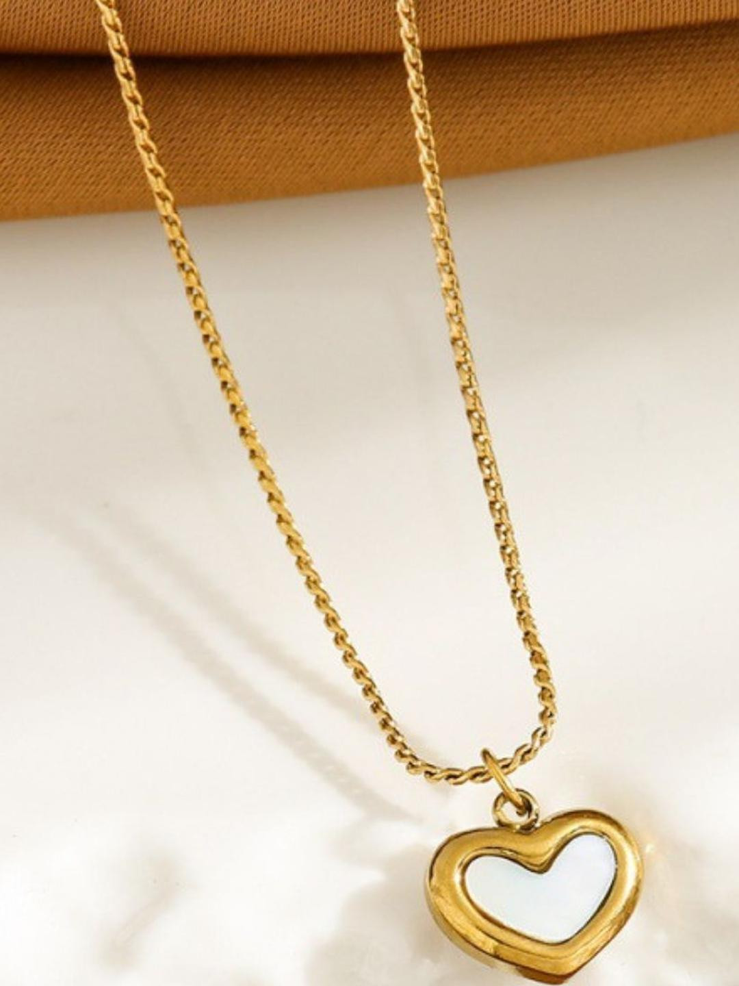 SZN Women Gold Pleated White Enamel Heart Locket Necklace