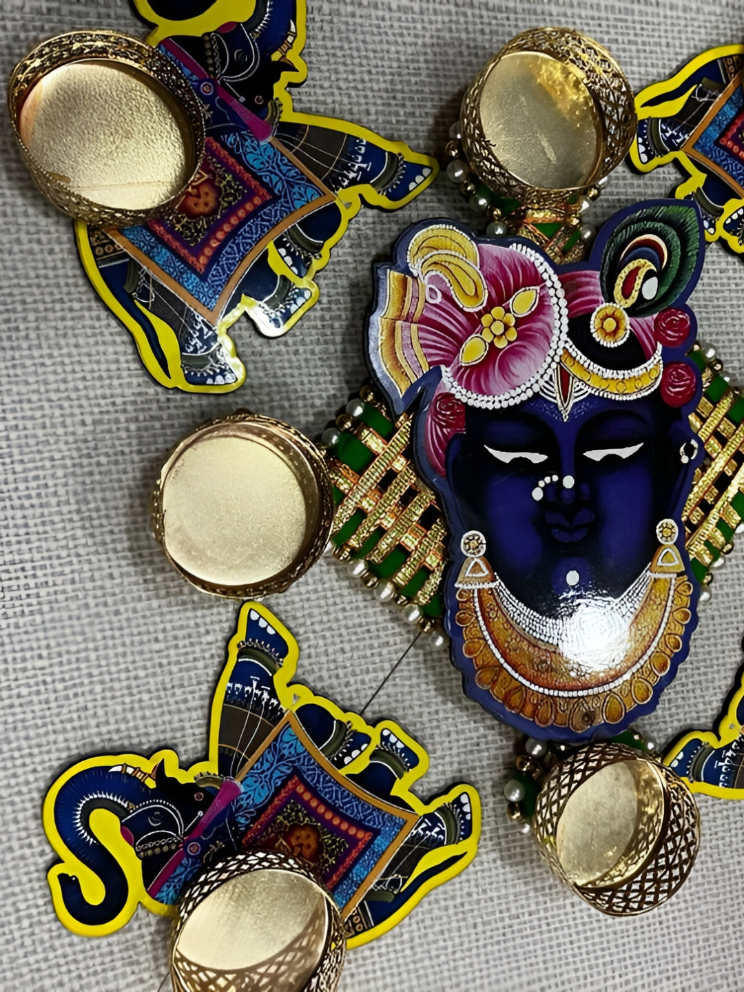 Sellplus Blue & Yellow 4 Pieces Elephant Candle Holder With Shri Nath ji