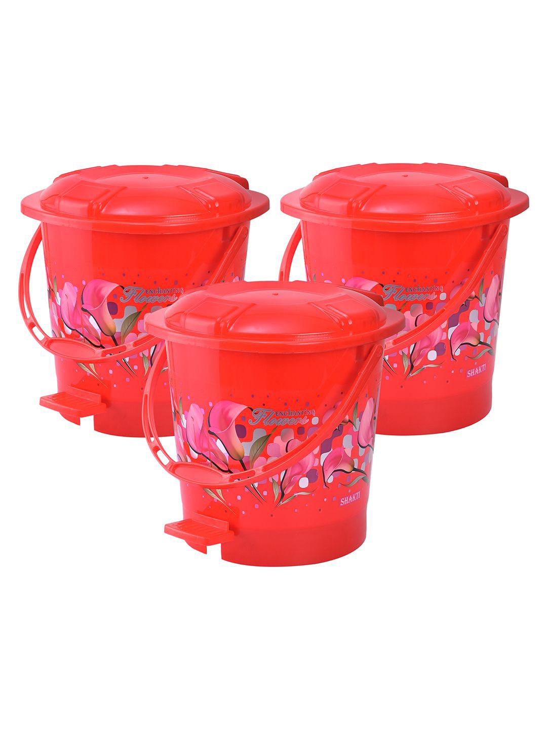 Kuber Industries Set of 3 Flower Print Plastic 7 Ltr Pedal Dustbin With Handle