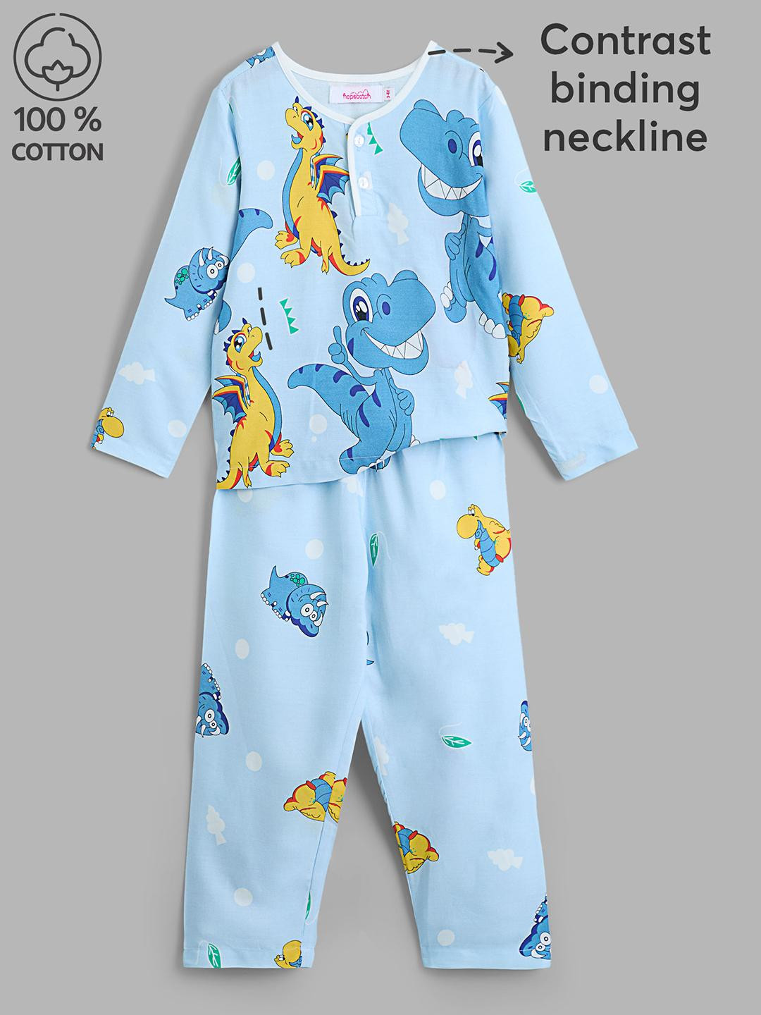Hopscotch Boys Blue Dinosaur Printed Viscose Rayon Night Suits Set