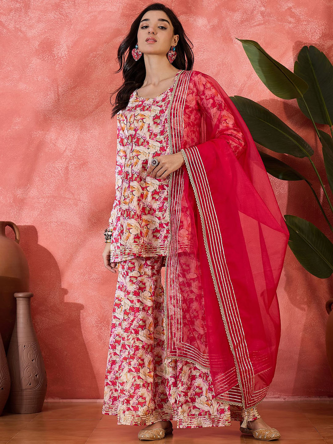 Women Floral Printed A-Line Kurta with Sharara & Dupatta