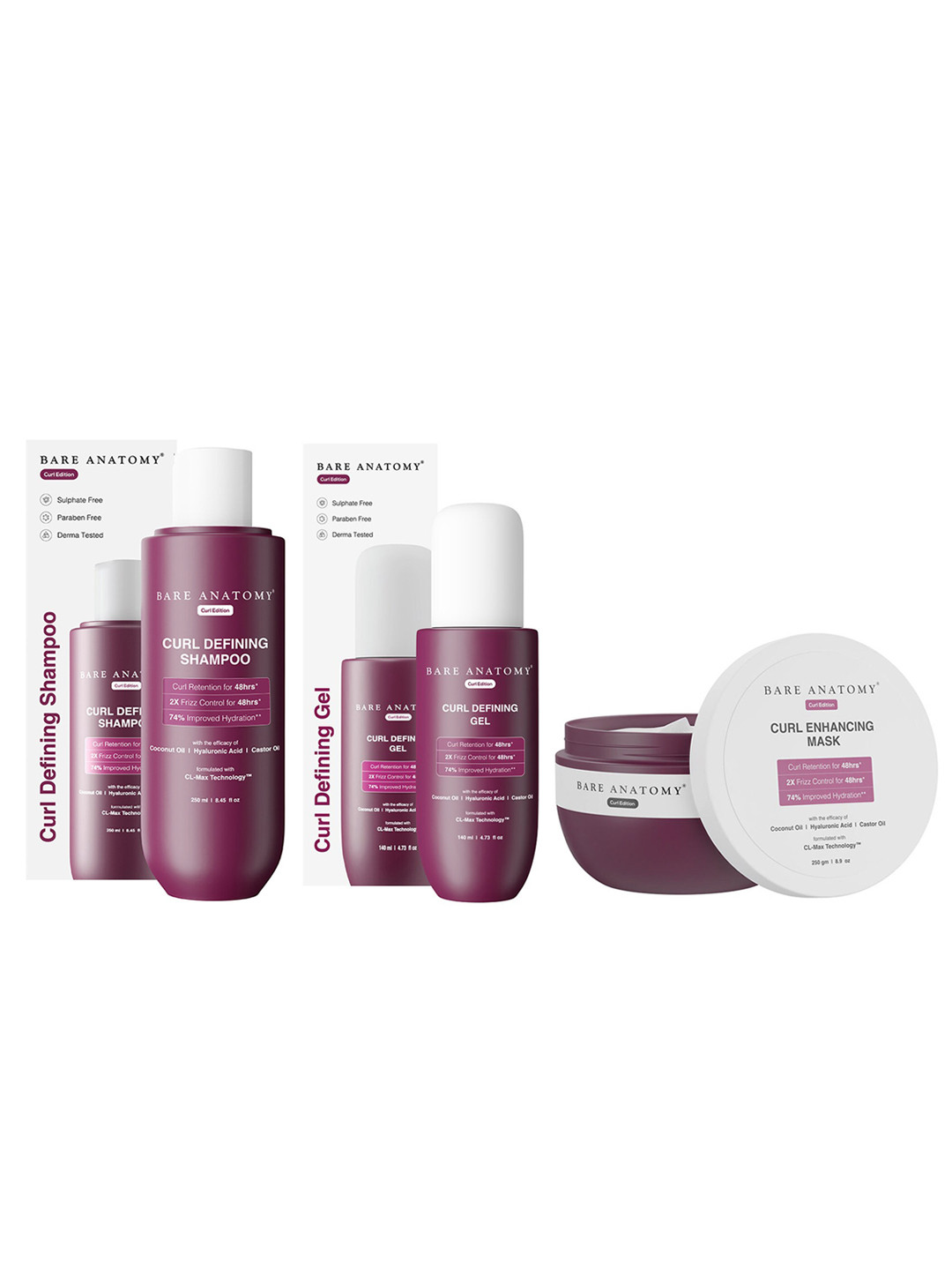 Bare Anatomy Curl Care Combo - Shampoo 250ml + Hair Gel 140ml + Hair Mask 250g