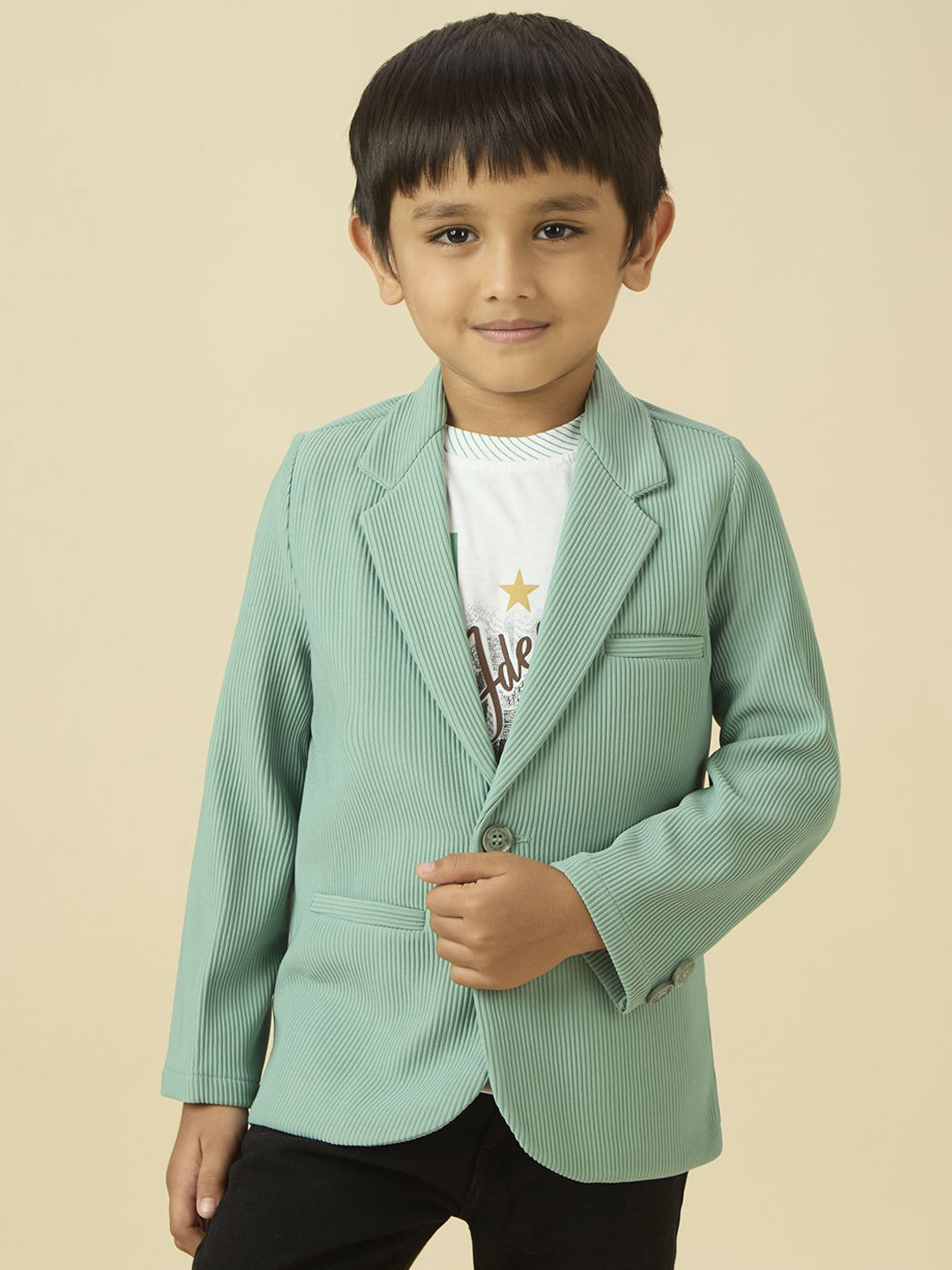 YK Boys Striped Comfort-Fit Single-Breasted Full Sleeve Blazer With Printed T-Shirt
