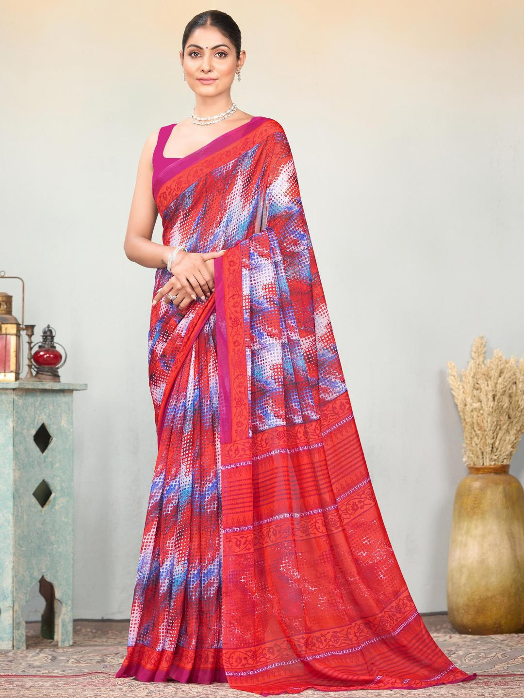 Garden Vareli Glass Tissue Geometric Printed Saree Without Blouse Piece