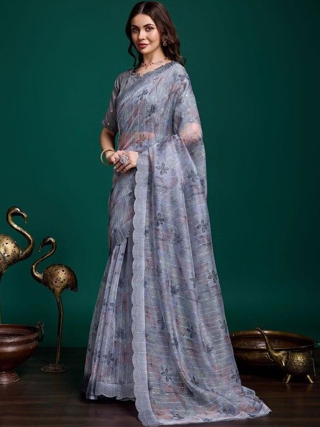 KARAGIRI Grey Organza Silk Saree With Blouse Piece