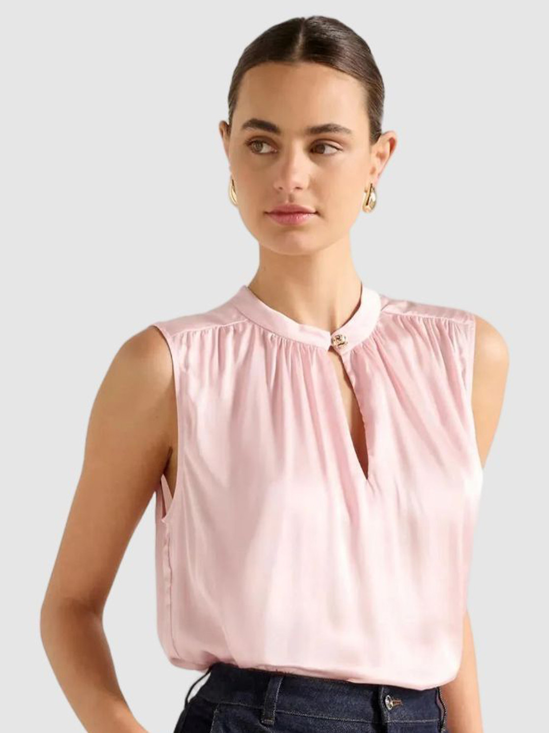 Forever New Kourtney Self Design Band Collar Sleeveless Blouse Top