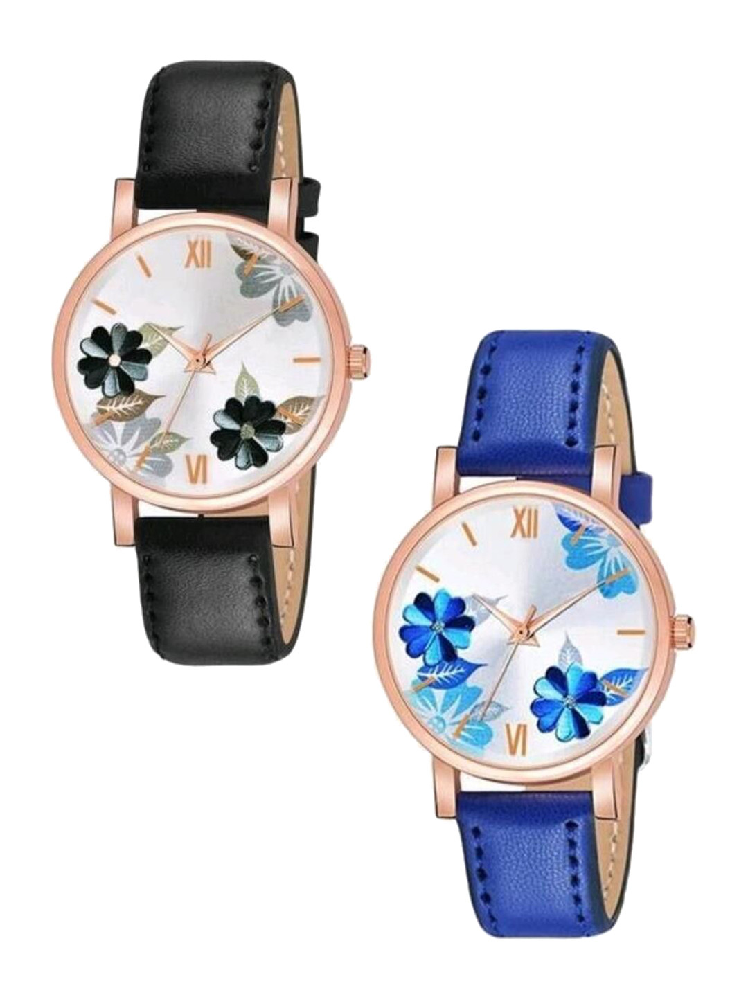 Miss Perfect Women Pack Of 2 Round Printed Dial & Leather Straps Analogue Watch Cvv98
