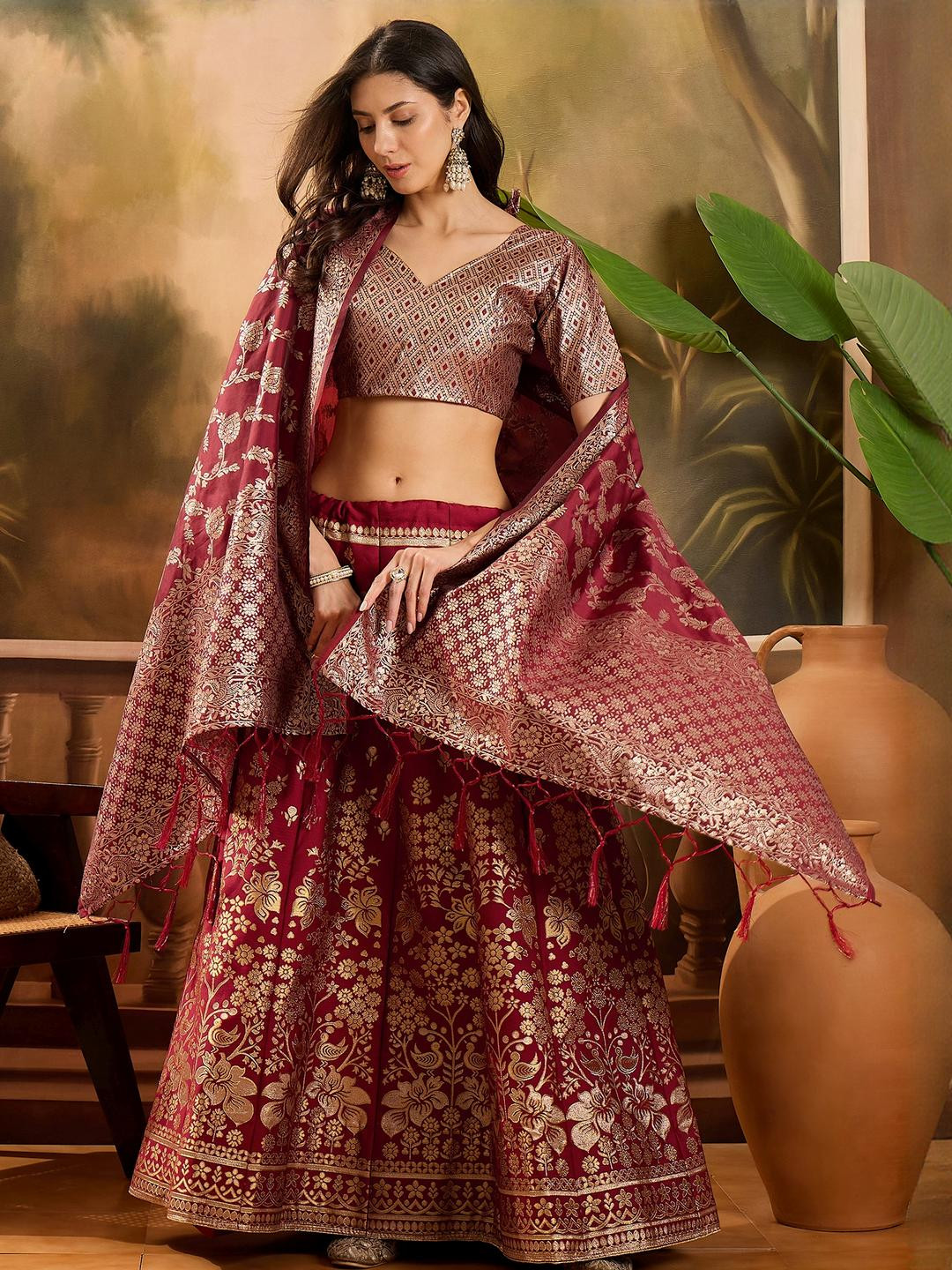 Sangria Women Semi-Stitched Maroon Banarasi Jacquard Lehenga Choli with Dupatta
