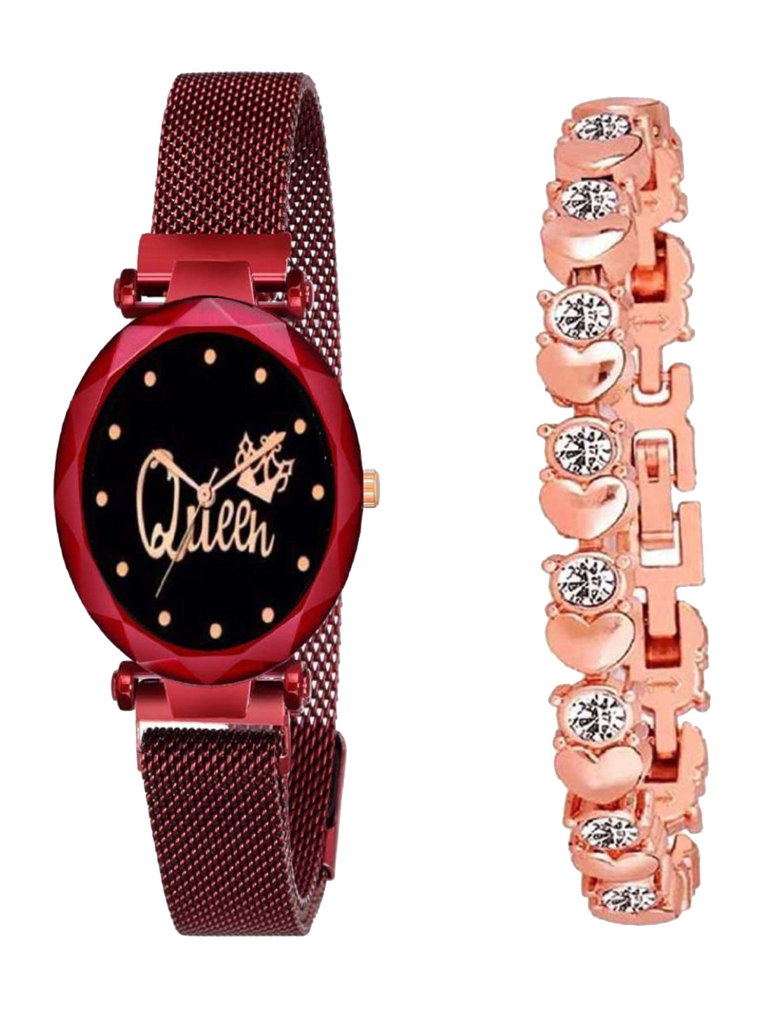 Miss Perfect Women Embellished Oval Dial Watch and Bracelet Gift Set