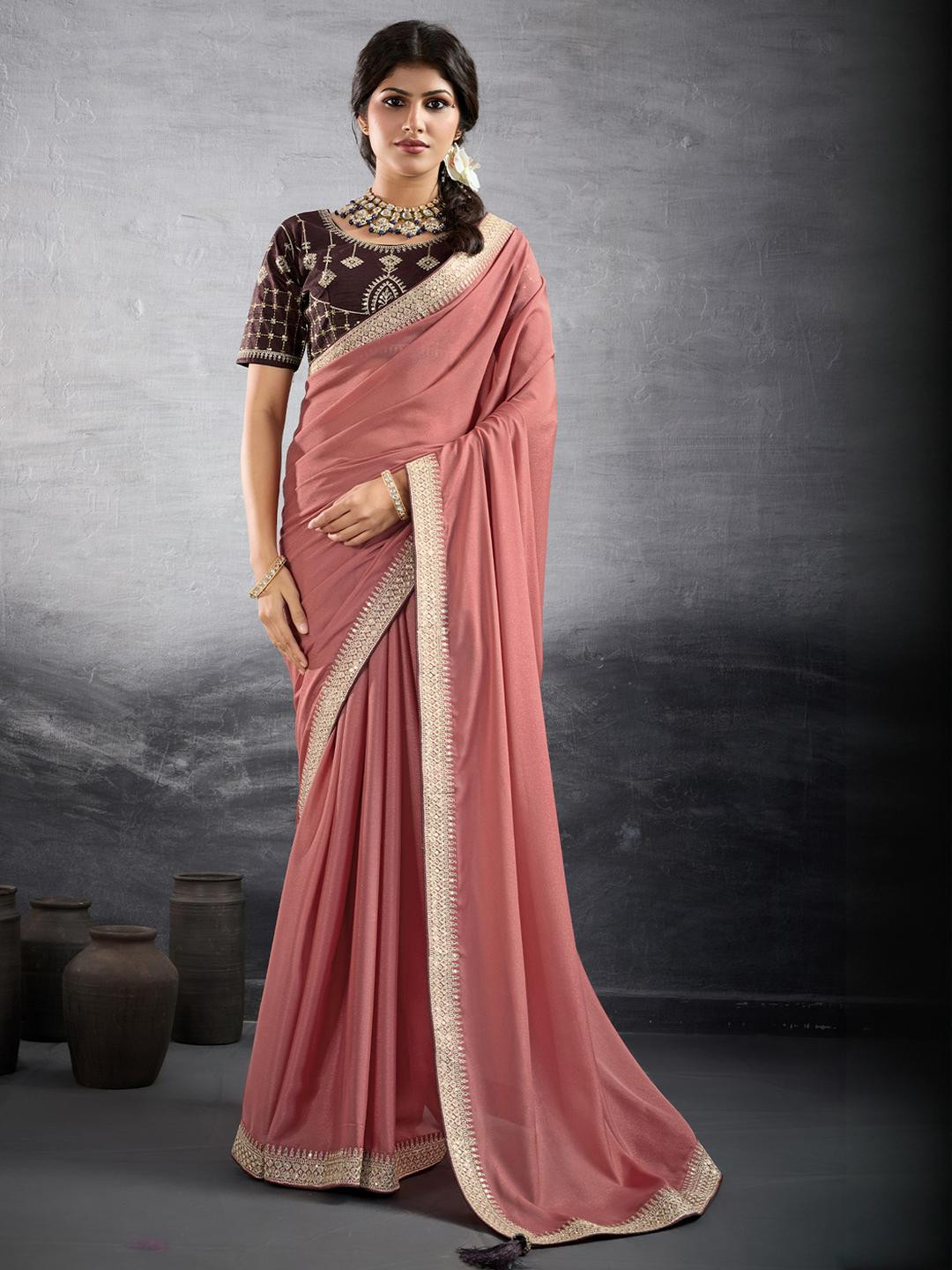Anouk Peach Embellished Pure Georgette Sarees