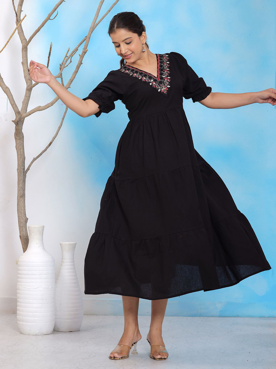 JAHIDA COMFORT WITH STYLE Women Embroidered V-Neck Puff Sleeve Midi Dress