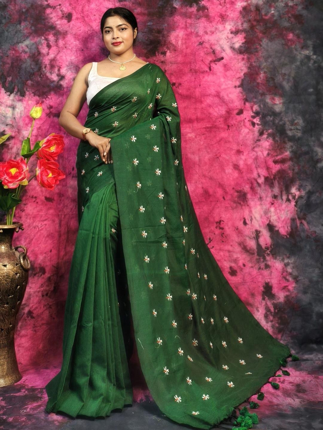 RIDDHIMAN FASHION Ethnic Motifs Embroidered Thread Work Pure Cotton Saree