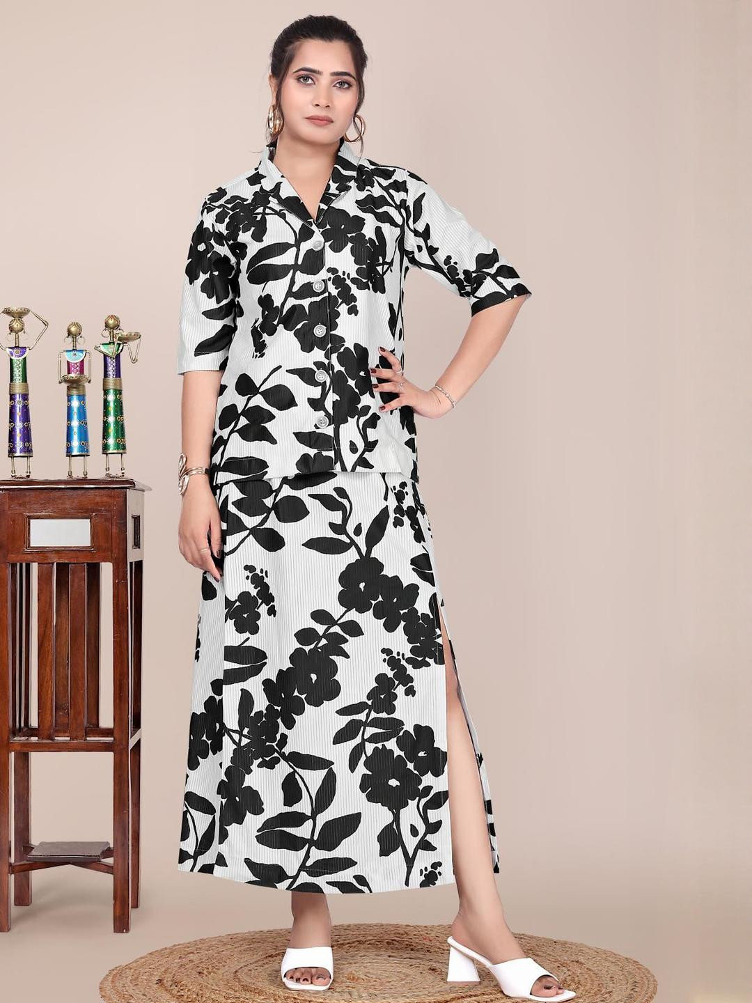 VenderVilla Floral Printed Lapel Collar Shirt With Corduroy Slit Skirt