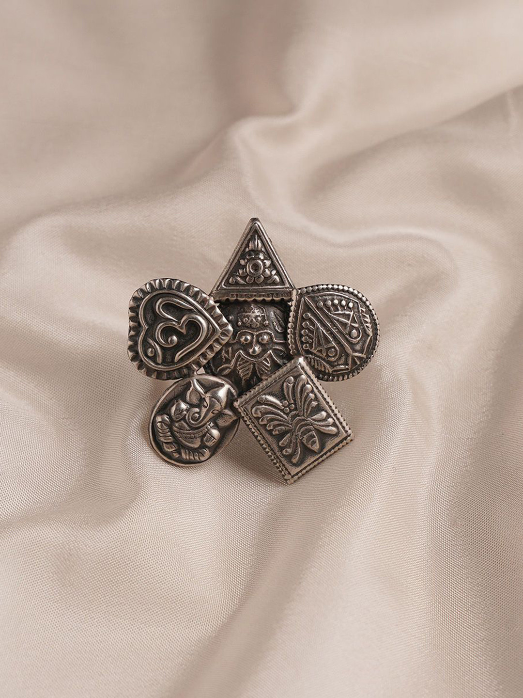 JAYPORE Women Silver Plated Ganesh Charm Oxidized Finger Ring