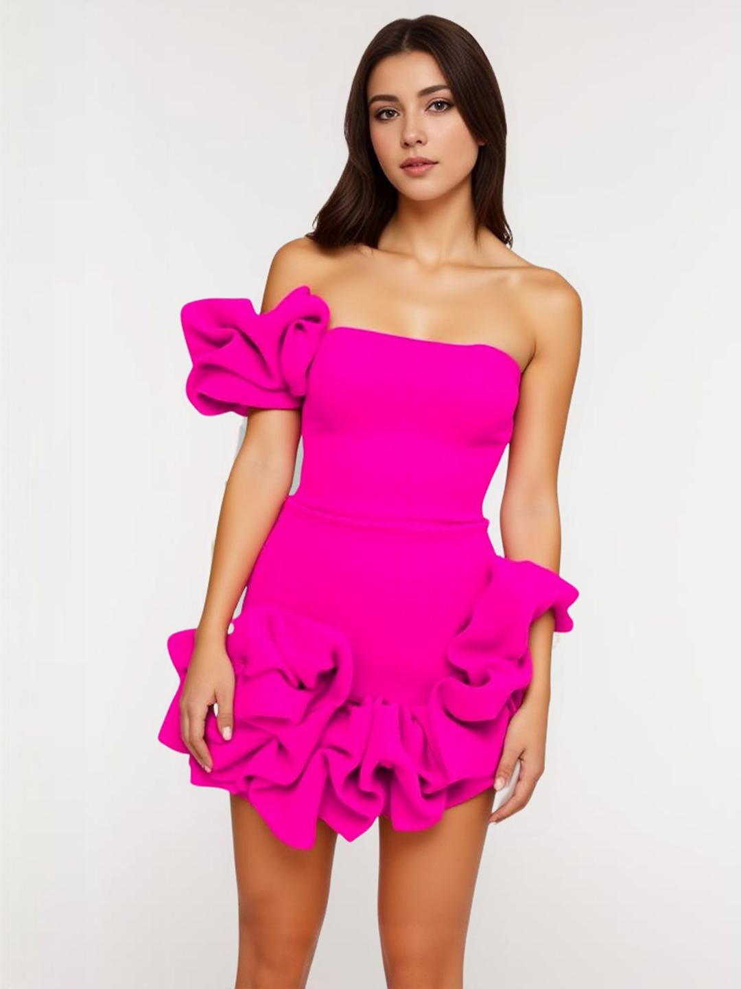 bebe Magenta One-Shoulder Rosette Detail Asymmetric Bandeau Mini Dress